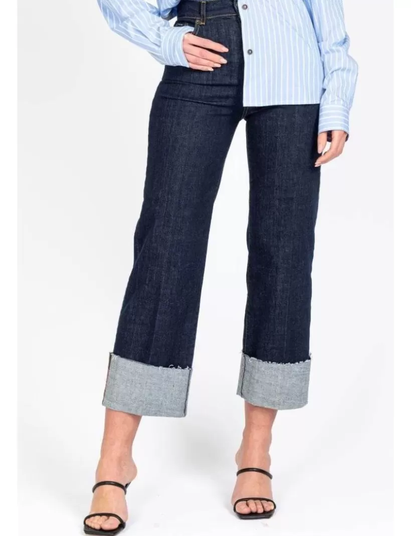 Jeans-New Hallhuber BOBBIE-JO – HOHE TAILLE-HOSE MIT WEITEM BEIN AUS REINEM BAUMWOLLDENIM MIT MAXI-UMSCHLAG blau
