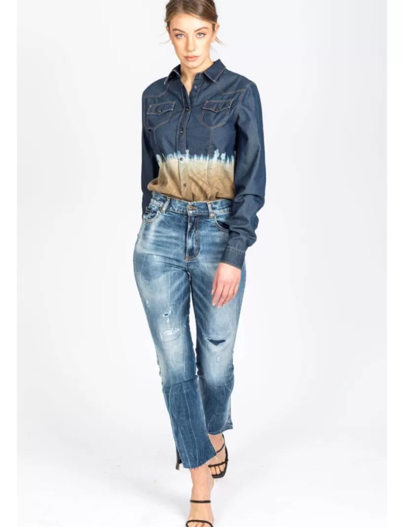 Jeans-New Hallhuber MONTANA – AUSGESTELLTE JEANS MIT HOHER TAILLE AUS REINER BAUMWOLLE UND UNTERER ÖFFNUNGSDETAIL blau