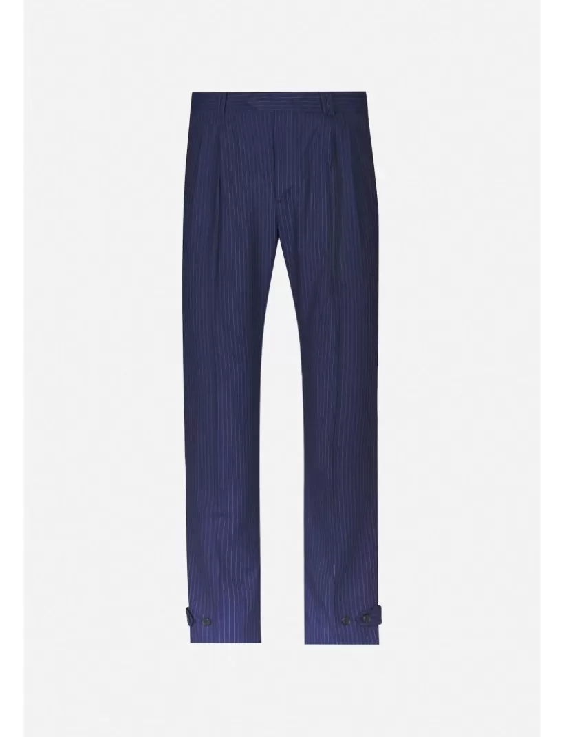 Hosen-New Hallhuber REGULÄRE NADELSTREIFEN-CHINO-HOSE MIT FALTEN, SCHLAUFENMOTIV UND FROSCHMOTIV AM UNTEREN RAND AUS COOL WOOL blau