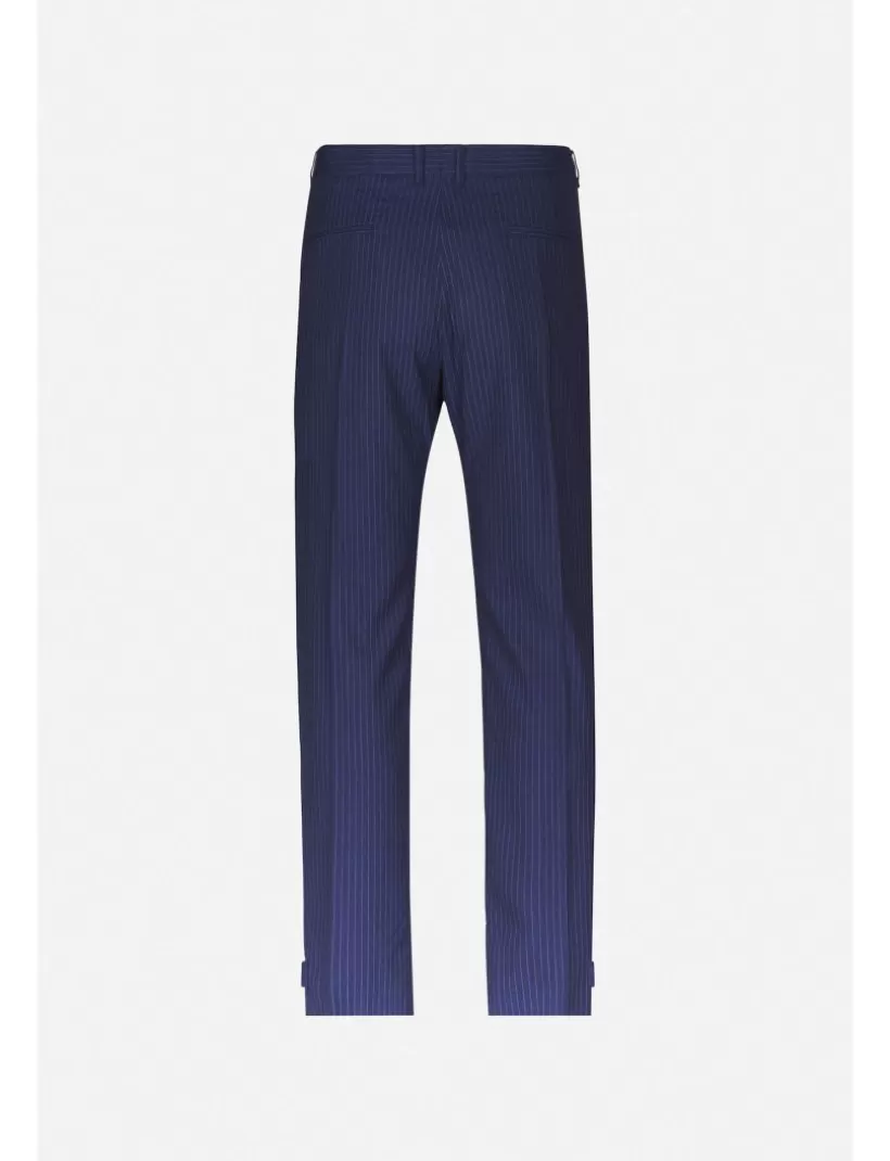 Hosen-New Hallhuber REGULÄRE NADELSTREIFEN-CHINO-HOSE MIT FALTEN, SCHLAUFENMOTIV UND FROSCHMOTIV AM UNTEREN RAND AUS COOL WOOL blau